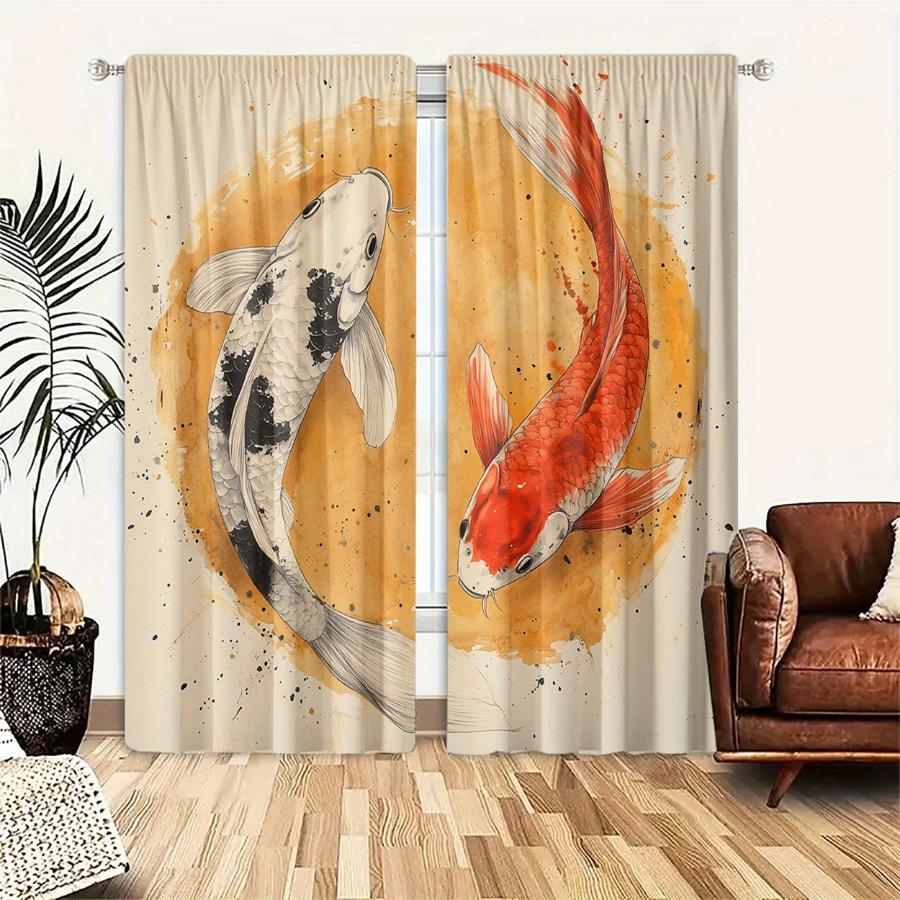 2PCS Digital Printed Curtains with Two Color Koi Design, Stylish Window Drapes for Living Room Bedroom Home Decoration