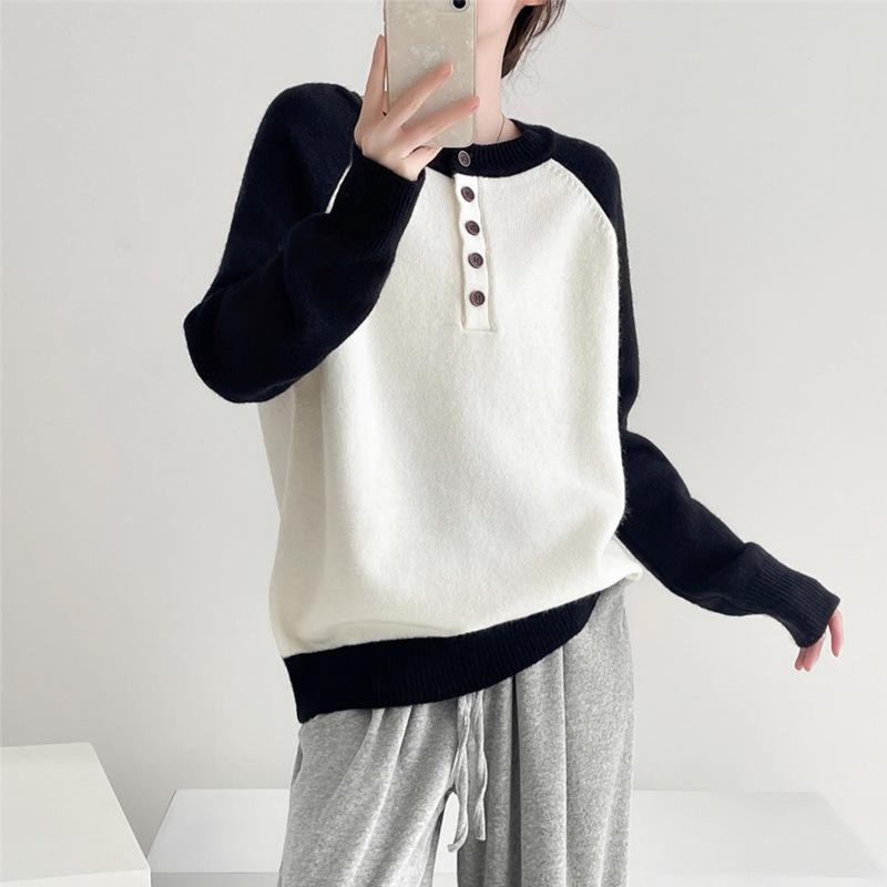 

Повседневный универсальный пуловер с цветовой блокировкой, женский весенне-осенний, новая модная модель, уменьшающая возраст, свободный и ленивый вязаный свитер-топ one size fits all белый