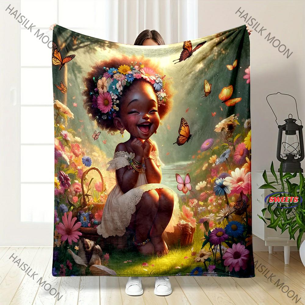 New Arrival Cute Black Girl Printed Flannel Blanket Couch Soft Cozy Lightweight Luxury Bed Blanket for Daughter Wife Nice Gifts