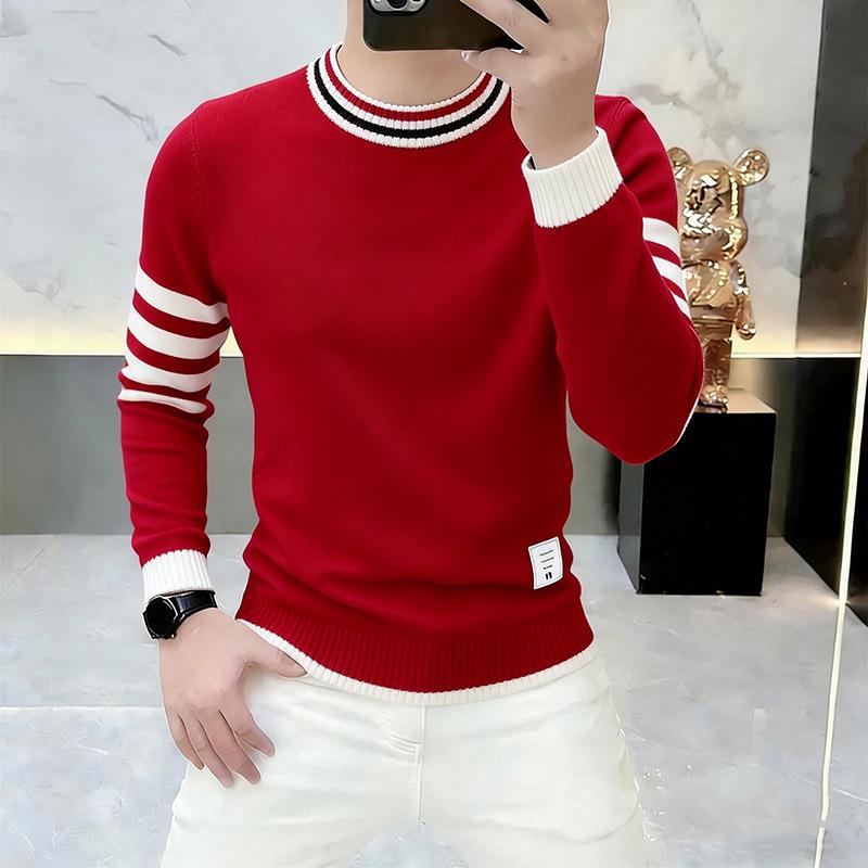 European Style Men's Striped Slim Fit Round Neck Sweater - Trendy Brand Knitwear, Long Sleeve Casual Base Layer Shirt