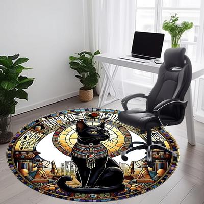 1PC Egyptian Cat Office Round Rug, Non Slip, Soft and Durable Office Rug for Interior Decoration, Perfect for Office