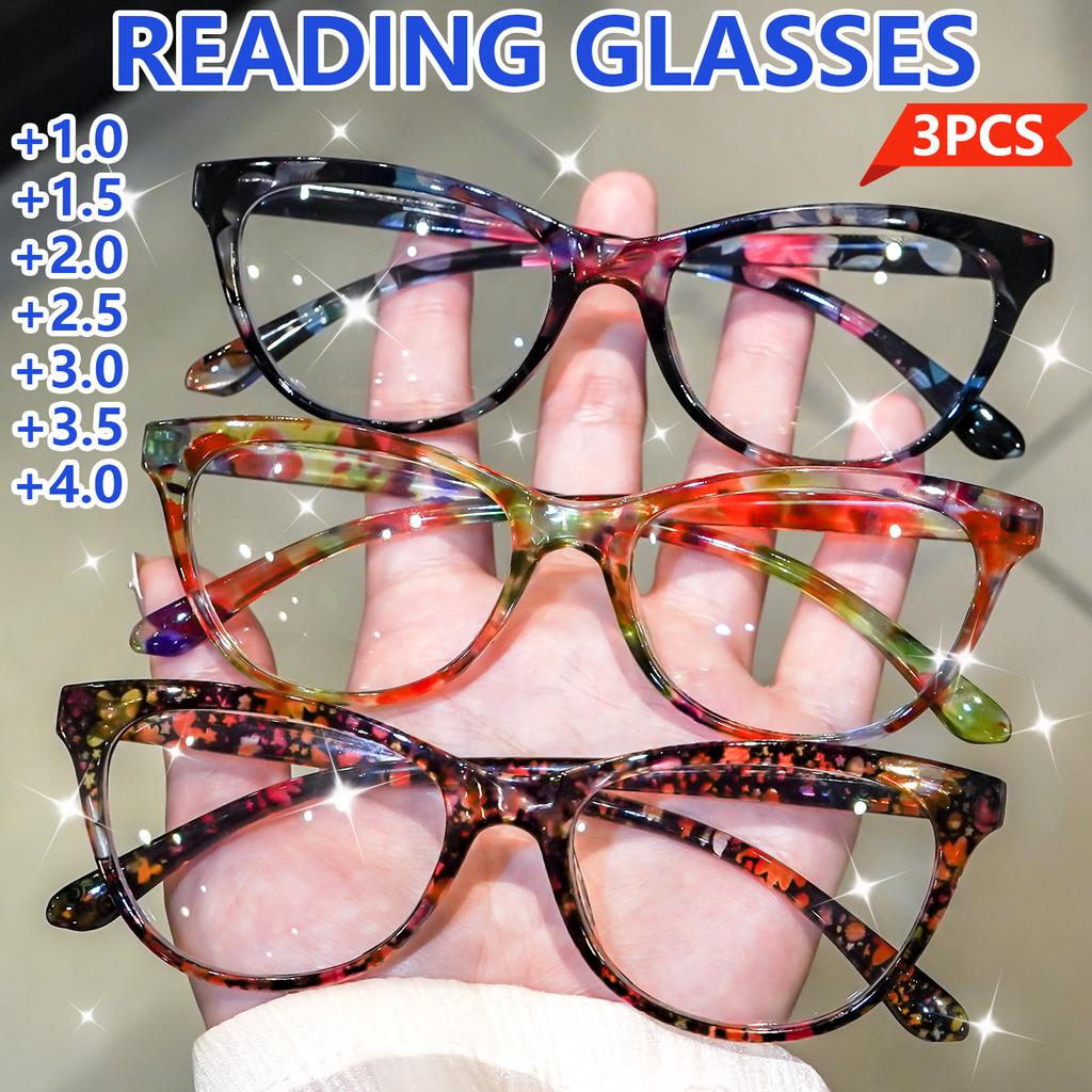3Pcs Stylish Cat-Eye Womens Reading Glasses Classic Print Design Anti-Blue Light Comfortable Wear Glasses For Book Reading