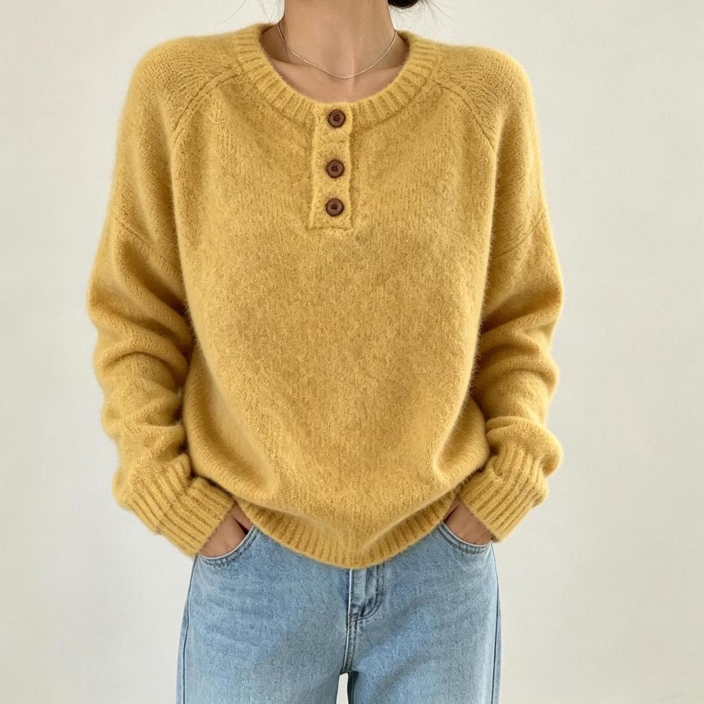 V-neck Solid Color Button Sweater for Women - 2026 Autumn/Winter Loose Knit Casual Pullover.