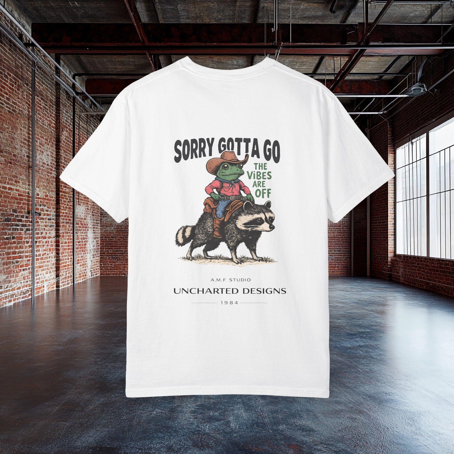 Funny Cowboy Frog Raccoon T shirt Sorry Gotta Go The Vibes Are Off Graphic Tee | AMF Uncharted Designs L