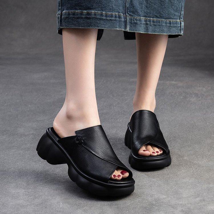 

Туфли-шлепанцы с открытым носком на толстом высоком каблуке, мягкие универсальные шлепанцы из мягкой кожи, прохладные шлепанцы на вынос, женская обувь 36 чёрный