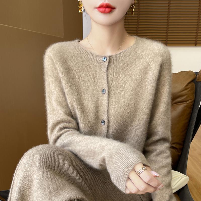 Damski kardigan płaszcz ze 100% czystej wełny z okrągłym dekoltem - Luźny sweter dzianinowy ściegiem podwiązkowym