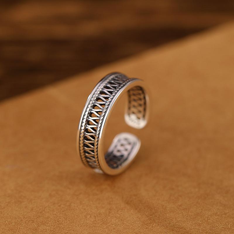 PANJBJ 925 Sterling Silver Texture Ring For Women Hollow Out Minimalism Vintage Jewelry Gift Dropshipping