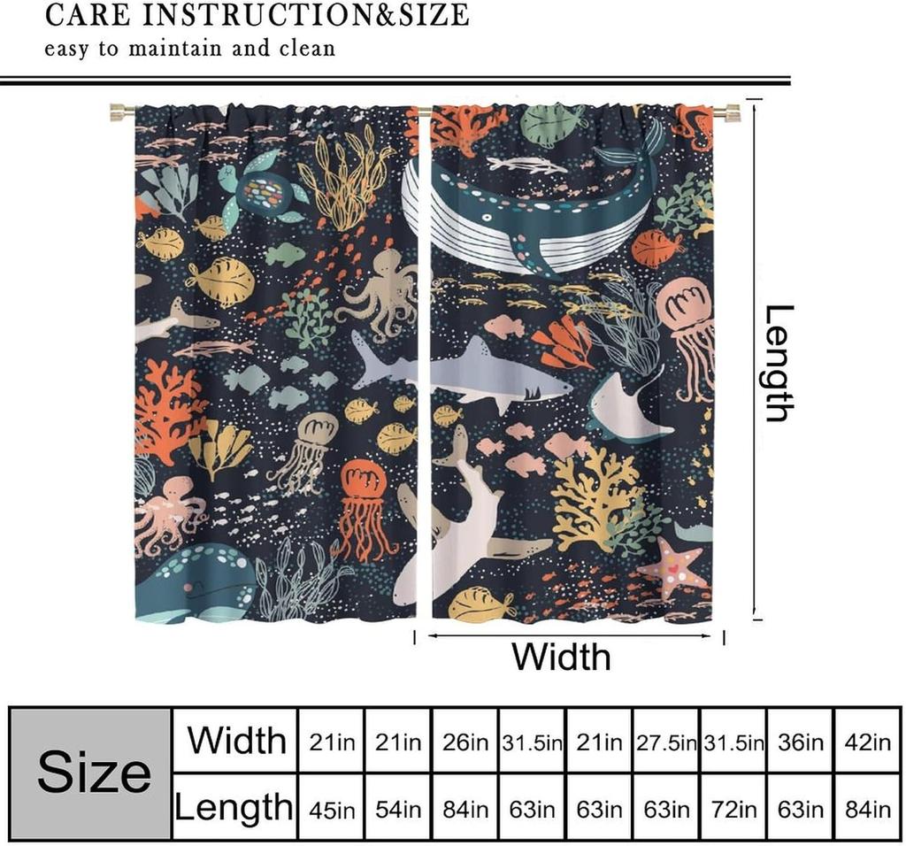 Kids Sea Animal Curtains Boys Girls Bedroom Nursery Decor Funny Turtle Whale Ocean Colorful Art Printed Window Drapes Curtain With Blackout Polyester