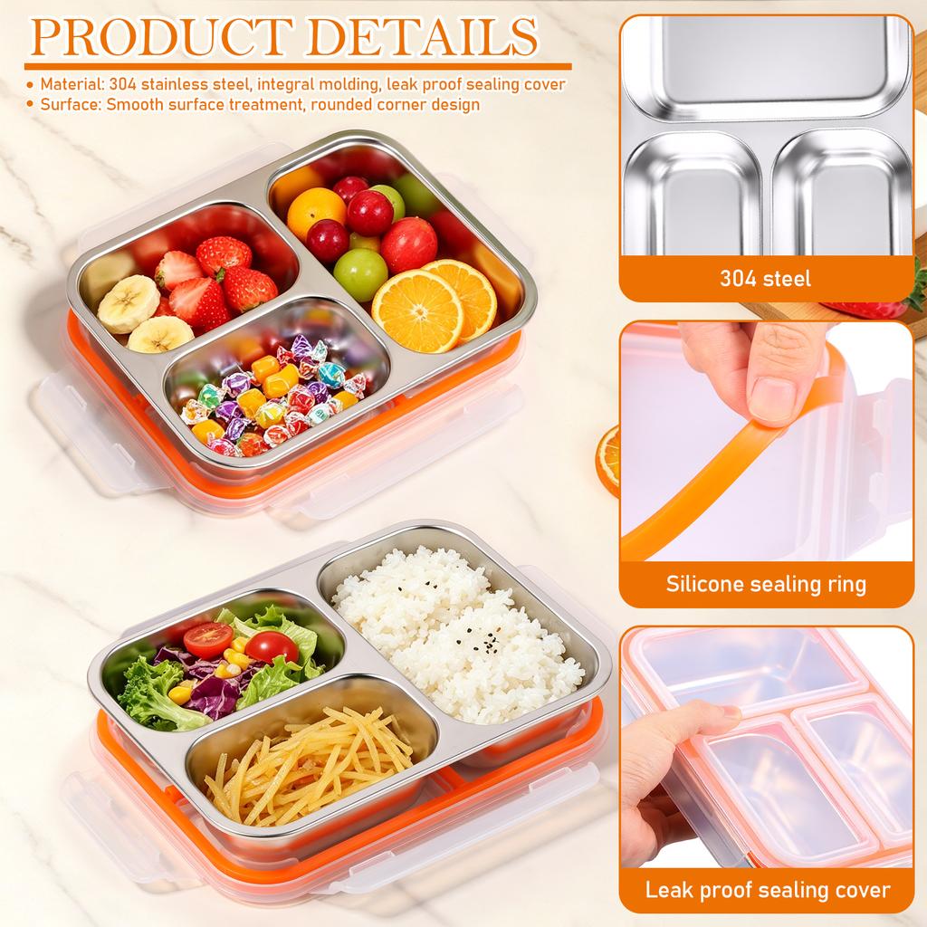 2Pcs Stainless Steel Divided Food Box 2/3Grid Lunch Box Metal Food Storage Container for School Office Outdoor Picnic Seal Snack