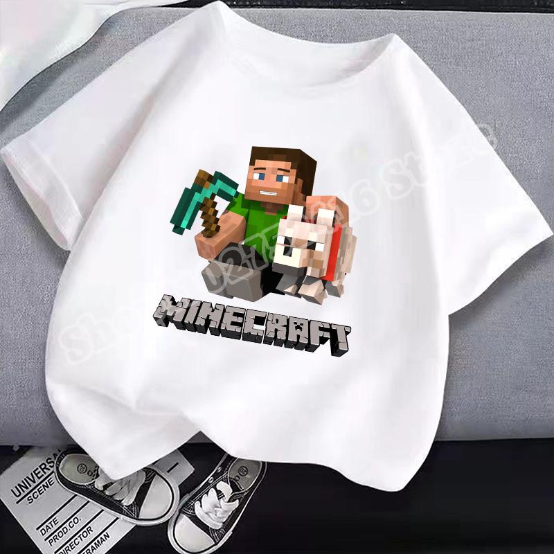 Miner Crafted Child Round Neck Cotton T-Shirt Game Themed Print Short Sleeve Top Casual Tees for Boys Summer Clothing Kids Gifts