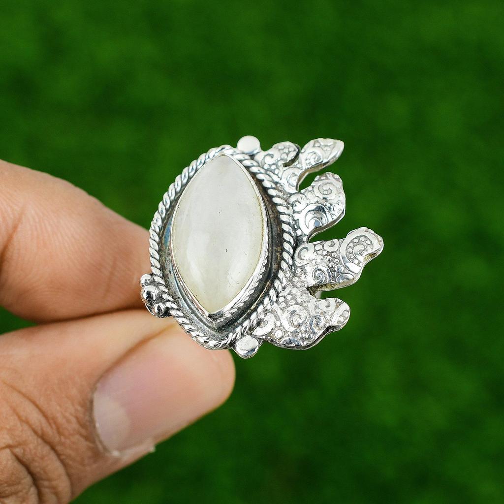 Natural Rainbow Moonstone Gemstone Multi Stone Adjustable Ring 925 Silver