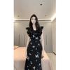 French Retro Flying Sleeve Printing Dress Women's Lotus Leaf Edge Wasteland Wind Waist Thin Black Bow Dress