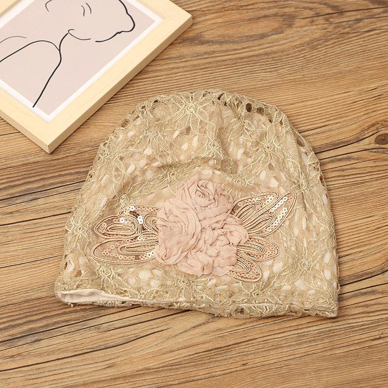 Spring and Summer Sweet Fashion Hollow Sequins Flower Pile Hat Women's Spring and Summer Breathable Headscarf Hat Embroidery Lace Bag Hat