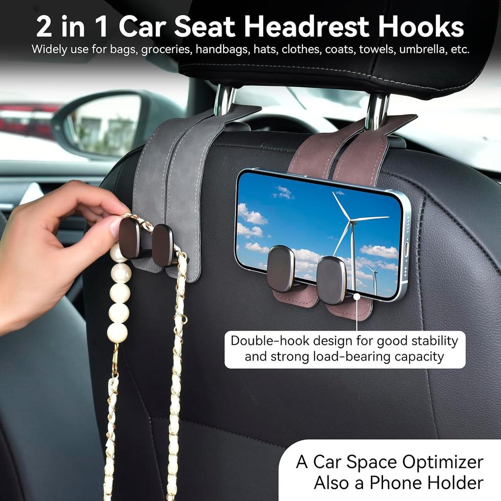 SLLAK Car Seat Back Storage Hook, 2-in-1 Car Seat Hooks for Headrest, 2 PCS Premium Leather Car Purse Hook, Suitable for Most Car Seats, Bags,