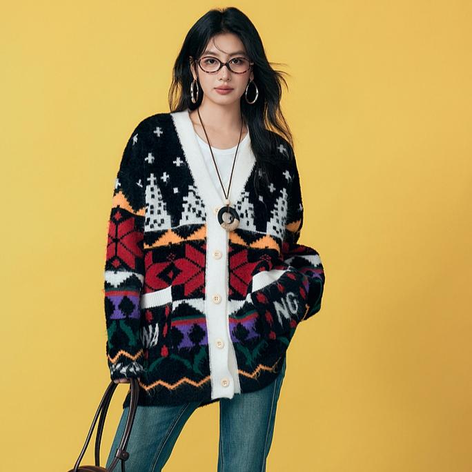 

Свитера Кардиган Пуговицы Осень Карманы Узор Женщины Принт V-образный вырез Свитера Вязание Свободный Свитер One Size чёрный