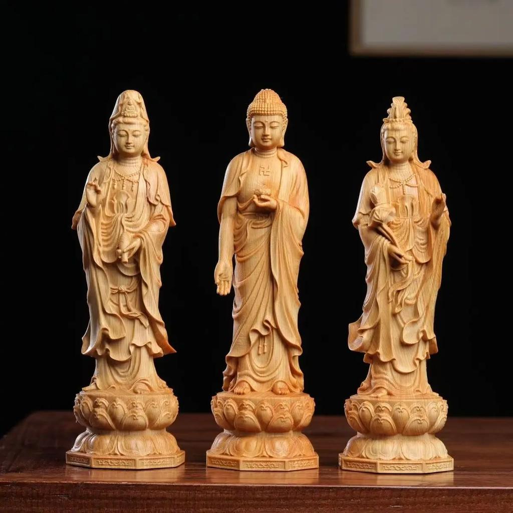 Cliff Cypress and Boxwood Carving San Sheng Guan Yin Bodhisattva Home Living Room Desktop Decoration Handicraft Holiday Gifts