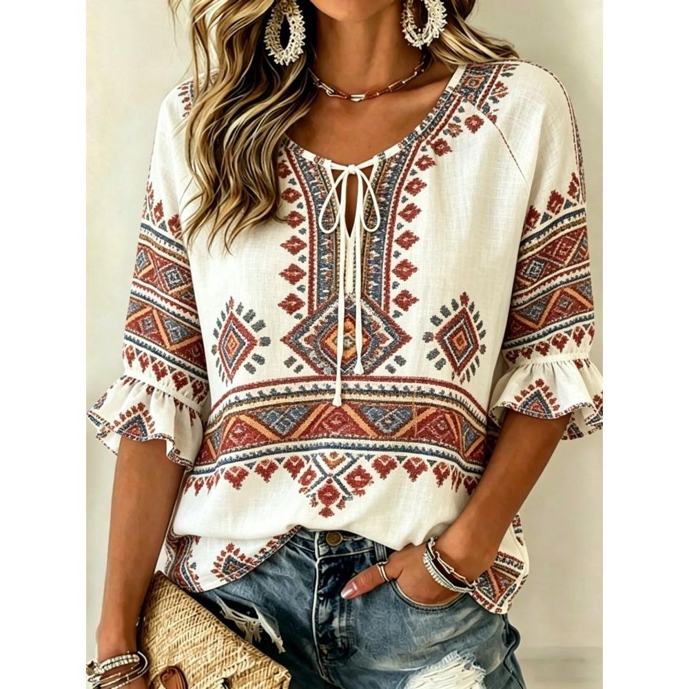 Women's White Floral Embroidery Tie Neck Blouse, Casual Loose Tops for Spring Summer Daily Wear & Vacation Occasions