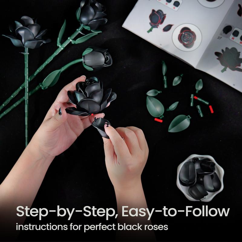 Black Rose Flower Bouquet Building Set, Black Rose Botanical Collection Blocks Kit Compatible for Adults Women, Artificial Flowers Gothic Decor for