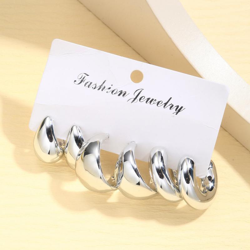 3Pairs/Set Fashion Golden Smooth Water Droplet C-Shape Earrings Set for Women Travel & Vacation Wear