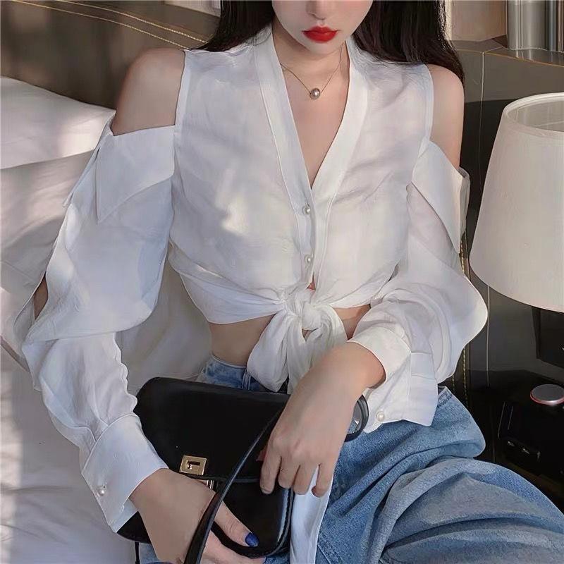 WTEMPO Off Shoulder Women Shirt Sexy V-neck Short French Style Chic Long Sleeve Shirt StreetWear Casual Top Blouse Women