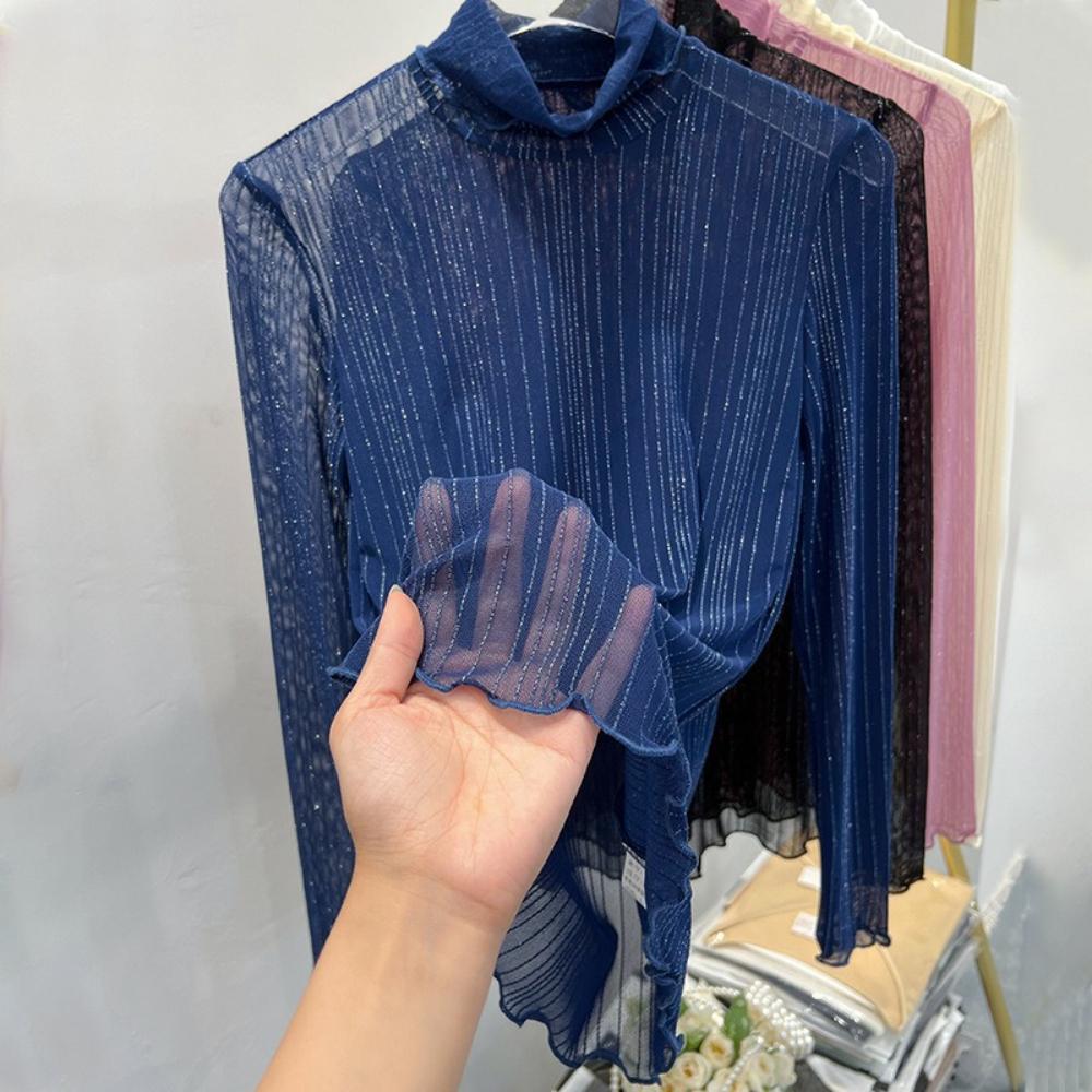 Women T-Shirt See Through Transparent Mesh Tops Long Sleeve Slim Ladies Turtleneck Silk Ruffled Edge T Shirt Lace Crop Top