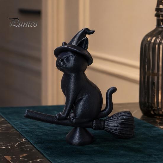 Exquisite Cat Collectible Witch Figurine, Black Riding Broom Statue, 3D Printed Figure Ornament, Desktop Decoration for Home Office Decor Ornament