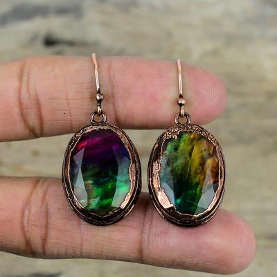 Faceted Ammolite Earring Electroformed Copper Jewelry Original Gemstone Earrings Handmade Earring Electroformed Copper Earring Wedding Gifts