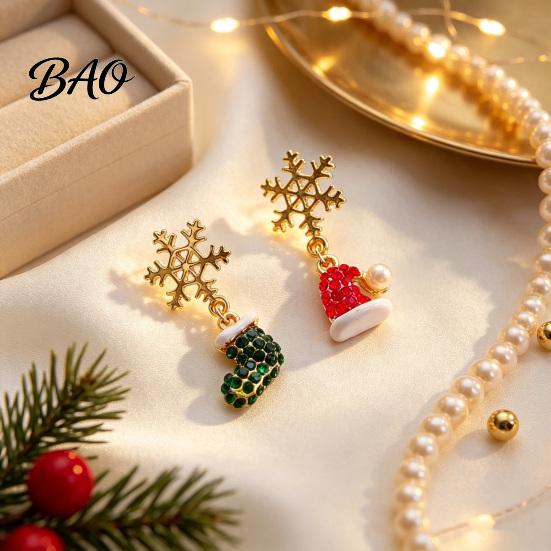 Sparkling Rhinestone Christmas Drops 1 Pair Earrings, Snowflake Red Santa Hat Green Cute Stocking Earrings Dangle Asymmetric Holiday Jewelry Gift for