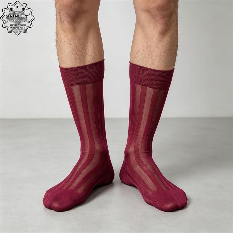 Men's Mid-Calf Wide Stripe Silk Nylon Suit Stockings for Business Formal Wear
