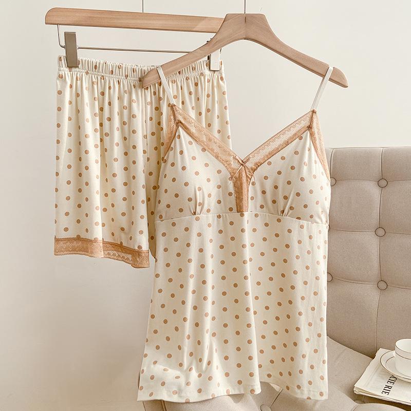 Girly Polka Dot Modal Camisole Pajama Set with V-Strap and Padding - Comfortable Summer Homewear