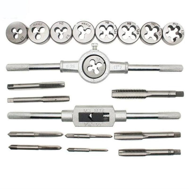 Jeu de Tarauds et Filières Multifonction 12/20 Pièces M3-M12 Métrique Bouchons de Filetage Vis à Main Tarauds Droits Coniques Outils de Taraudage et de Filetage