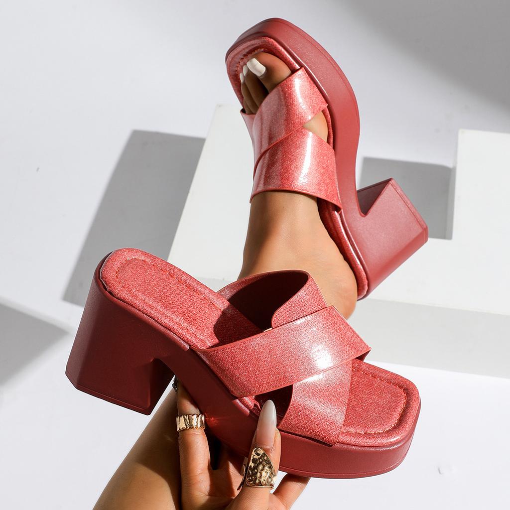 European and American Cross-belt Open-toed High-heeled Platform Slippers Women's Thick Heel Versatile Outer Wear Square Head Fashion Shoes 2025