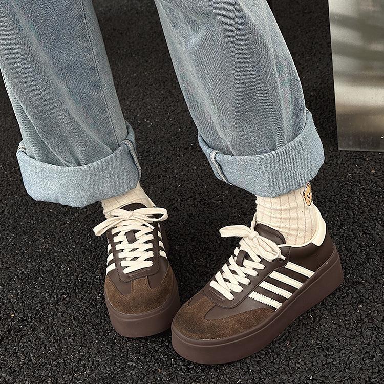 Leather Women's New Versatile and Thin Thick-soled Color Matching Comfortable Sports and Leisure Board Shoes