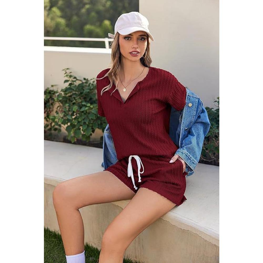 Simple Style Women's Sleepwear with Texture and Patterned Cotton Short-Sleeved Shorts Set with V-Neck Pockets for Home Use
