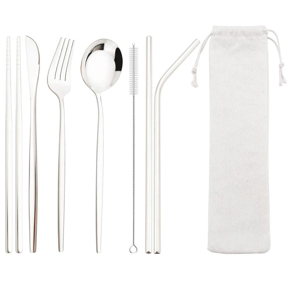 8 pezzi/set di stoviglie riutilizzabili set di posate da viaggio set di utensili da campeggio con cucchiaio in acciaio inox forchetta bacchette cannuccia custodia portatile