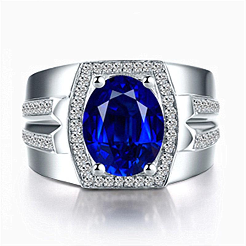 S925 Silver Ring Blue Diamond Men's Ring Myanmar Natural Sapphire Ring 18K Gold Plated Popular Ring