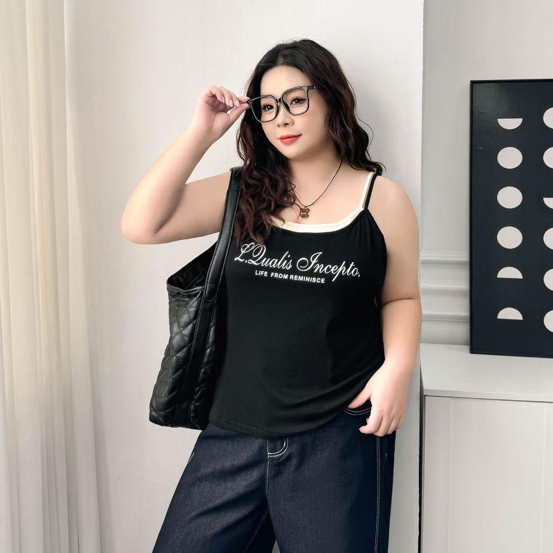 

Plus size women clothing [Gyaru Fake Two Pieces Vest] Chubby Girl Summer Letters Print 100.00kg Slimming Sling Top