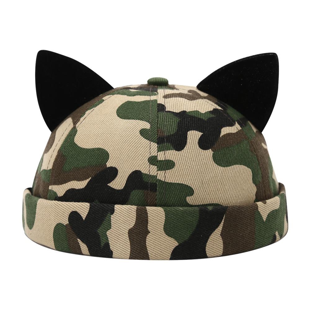 

Camouflage Brimless Skull Cap Black Cat Ears Beanie Hat Hip Hop Retro Skullcap Unisex Camouflage Green