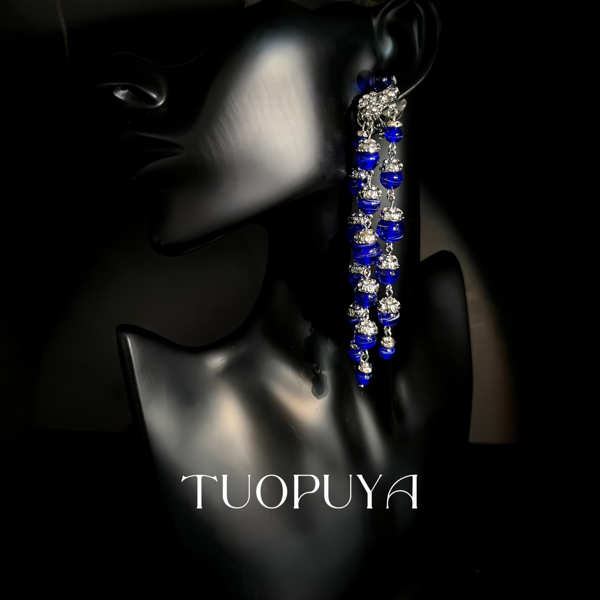 Elegant Blue Glaze Diamond Tassel Clip Earrings for Formal Gowns