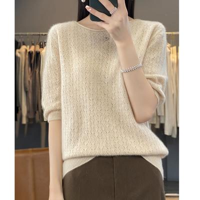 Round Neck Wool Sweater Middle Sleeve Women's Spring and Autumn Light Luxury Intellectual Sweater Hollow Fashion Versatile Top