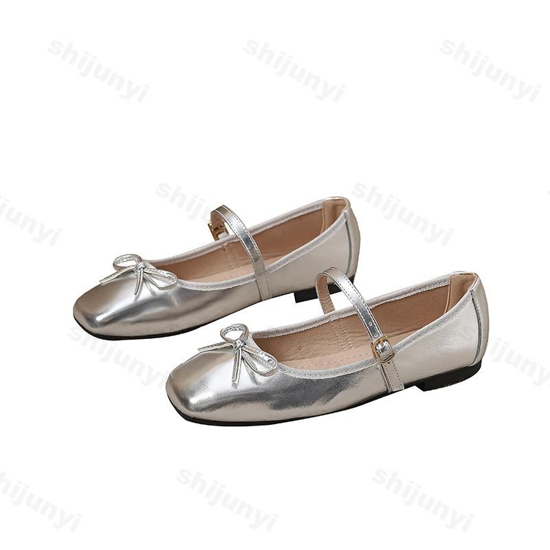 Fashion Large Size Women's Ballet Shoes Autumn Square Toe Soft Sole Bow Knot Mary Jane Shoes Elegant Luxury Fashion Buckle Strap Flats