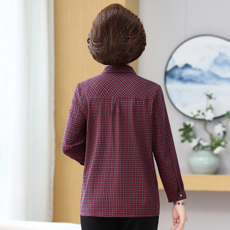 Middle-aged and Elderly Women's Spring and Autumn Tops Cotton Long-sleeved Shirts Women's Cotton Plaid Shirts