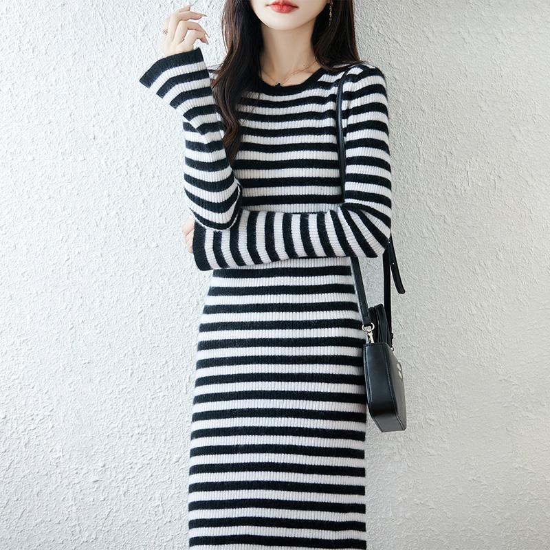 Women Sweater Dress 100% Wool MODERN NEW SAGA O-neck Striped Knit Long Pullover Winter Jumpers Wool Long Dress Female