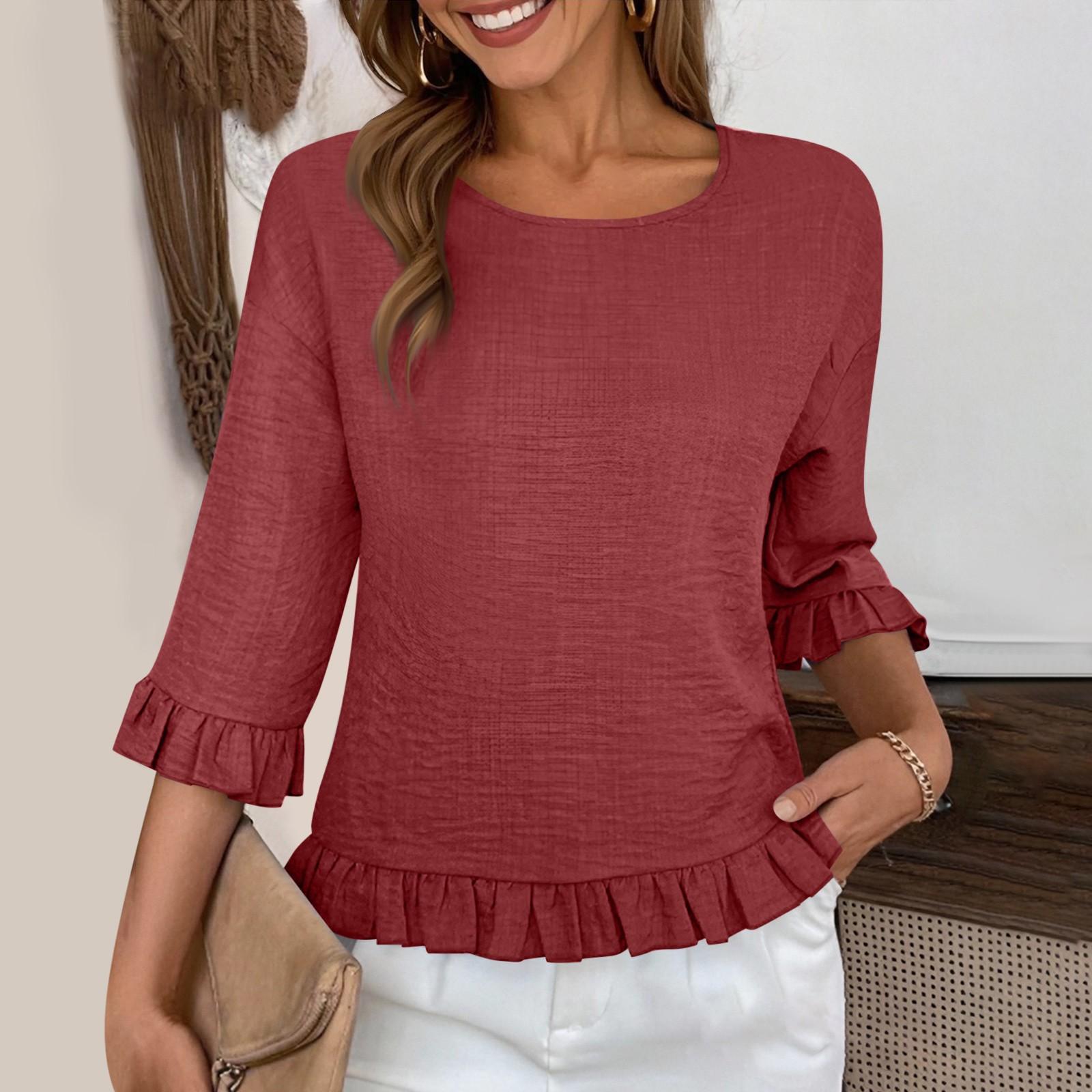 

Женские топы с короткими рукавами и круглым вырезом однотонные свободные европейского и американского стиля рубашка с кружевными рукавами XL винный