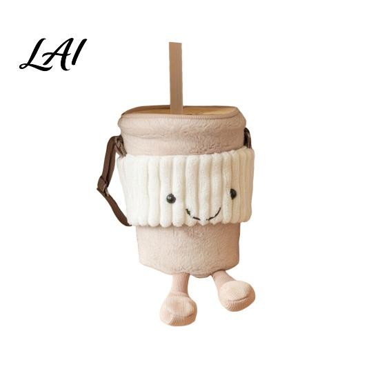 Zipper Closure Purse Milk Tea Cup Bag Plush Cute Smiling Face Crossbody Adjustable Shoulder Strap Bag Purse Novelty for Girls Shopping
