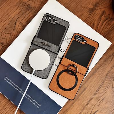 Luksusowy Uchwyt Pierścieniowy Etui z Skórzanym Zawiasem Do Samsung Galaxy Z Flip 6 5 4 3 5G Magnetyczne Bezprzewodowe Ładowanie Odporne na Wstrząsy Miękkie Etui