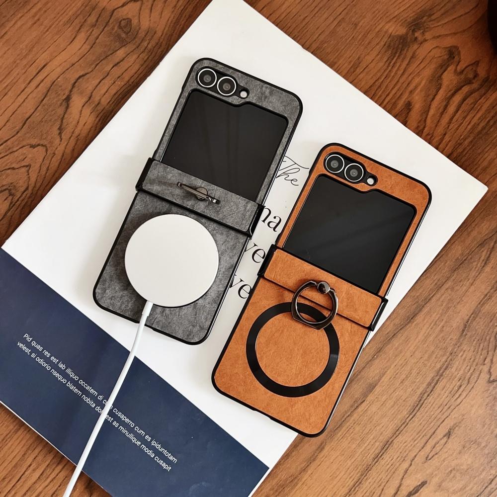 Luxury Ring Stand Holder Leather Hinge Case For Samsung Galaxy Z Flip 6 5 4 3 5G Magnetic Wireless Charge Shockproof Soft Cover
