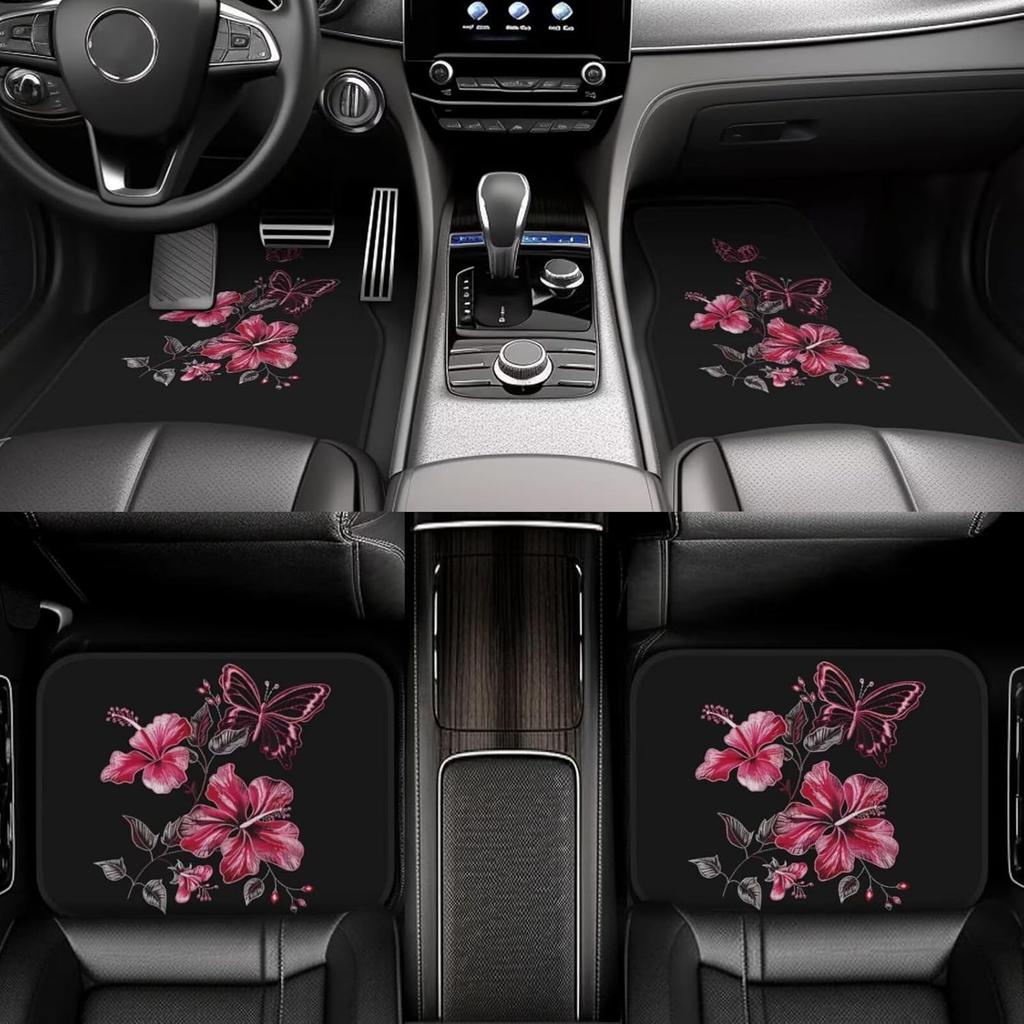 Hibiscus & Butterfly Car Floor Mats Full Set of 4,Black Vehicle Carpets Mat Car Floor Carpets Rugs ,Car Accessories