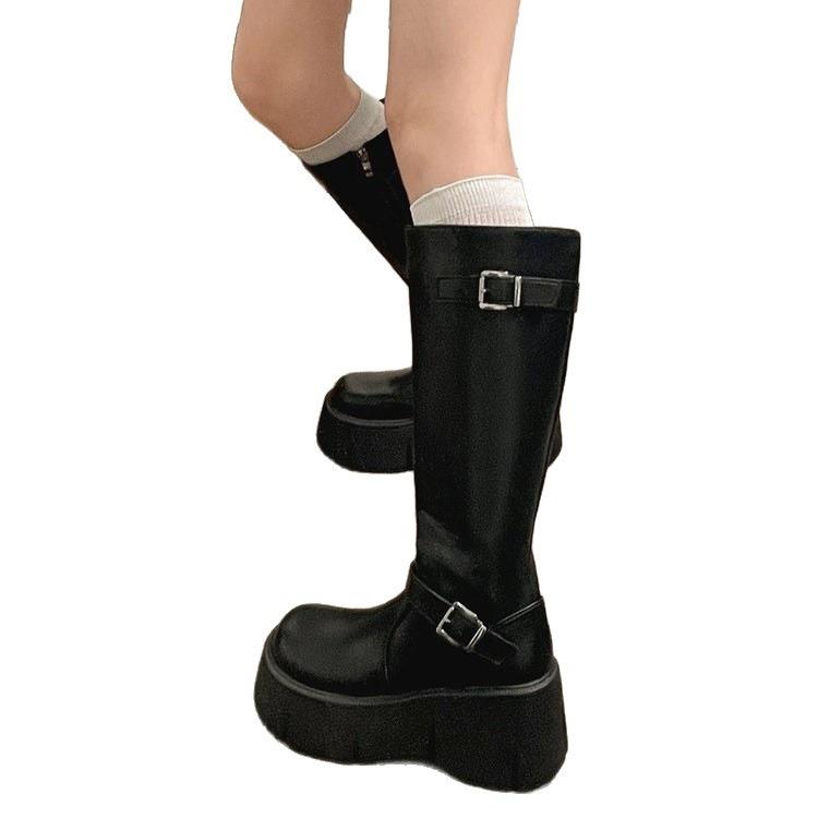 New French black platform boots autumn retro small fat mm thin and heightened knight boots