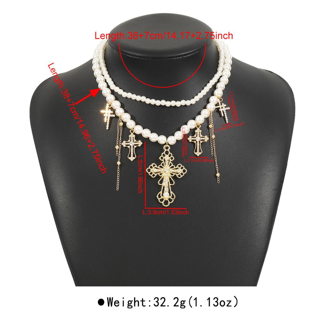 Tooxika Temperament Niche Design Double Layer Imitation Pearl Necklace Personalised Trefoil Cross Multi-layer Necklace